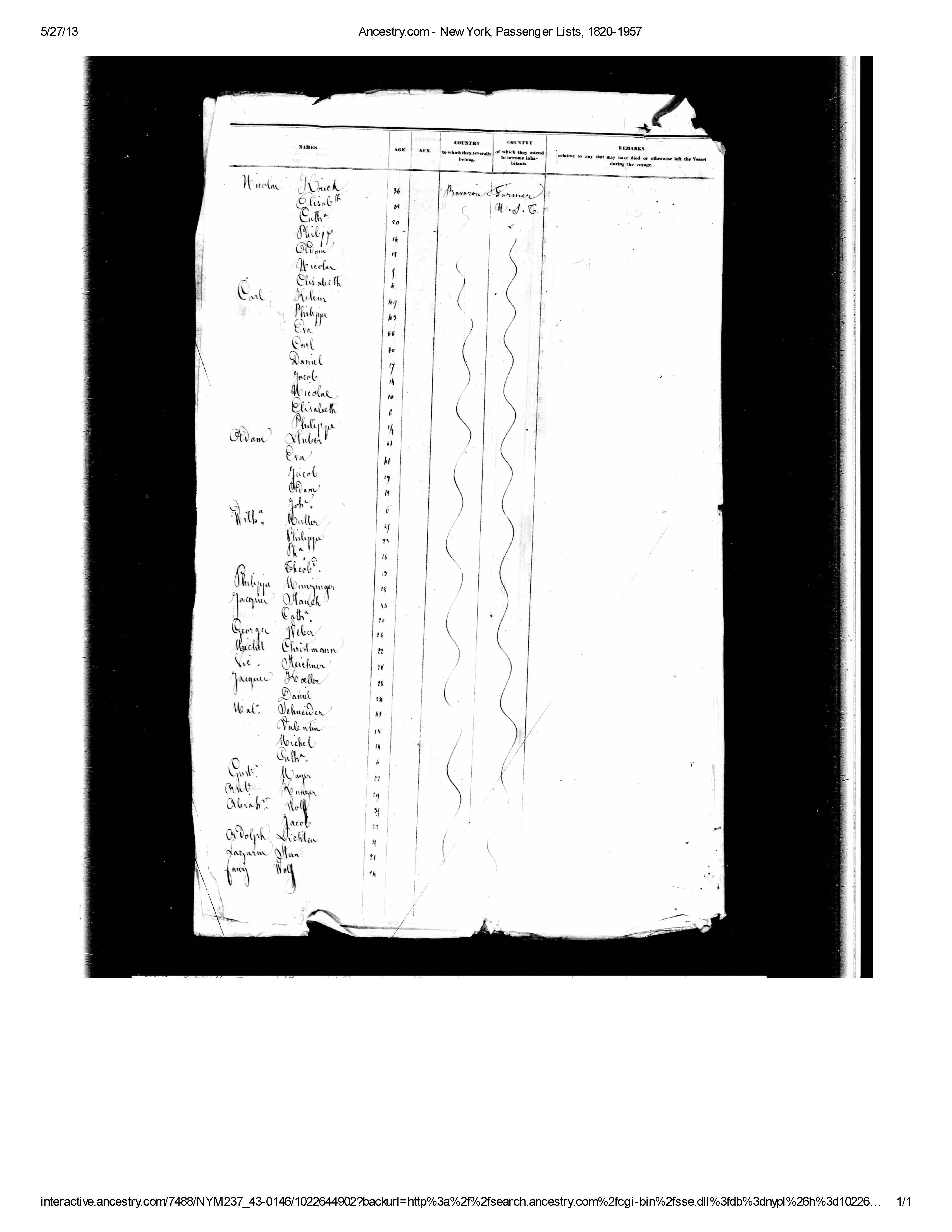 Adam Stuber family passenger list July 1840
